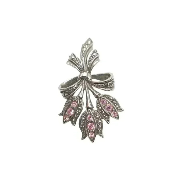 Avon Tulip Pink Rhinestone Pewter Brooch Pin Silver Tone Vintage - Picture 2 of 5
